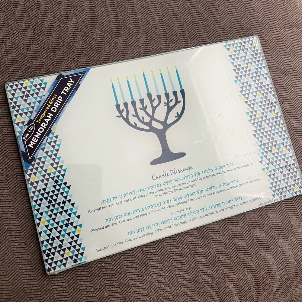 Menorah Drip Tray with Candle Blessings - Tempered Glass
